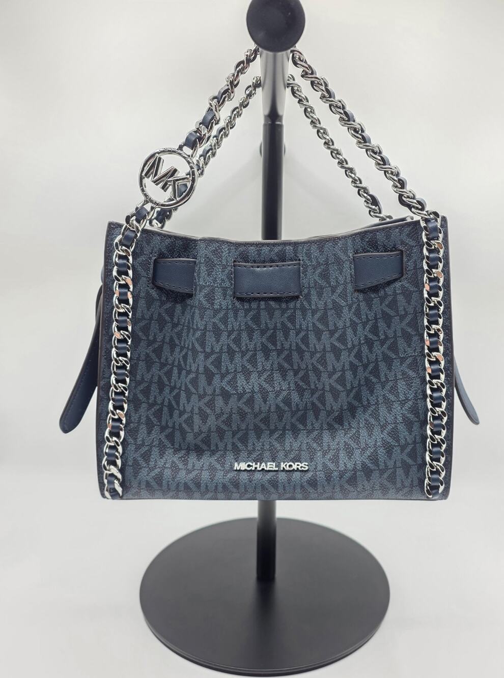 Michael Kors Mini Mina Signature Navy Convertible Chain Satchel Crossbody